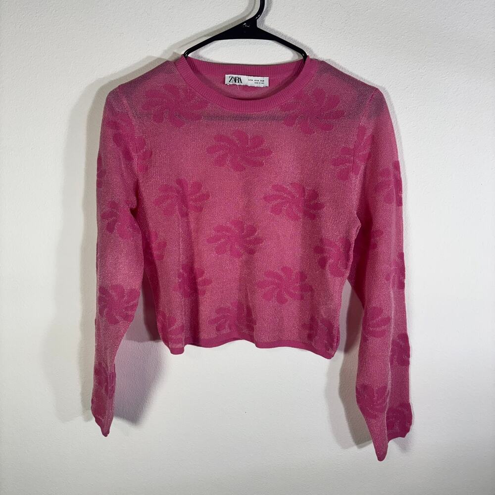 ZARA Pink Floral Metallic Knit Cropped Top Size Medium Long Sleeve Sheer Y2K
